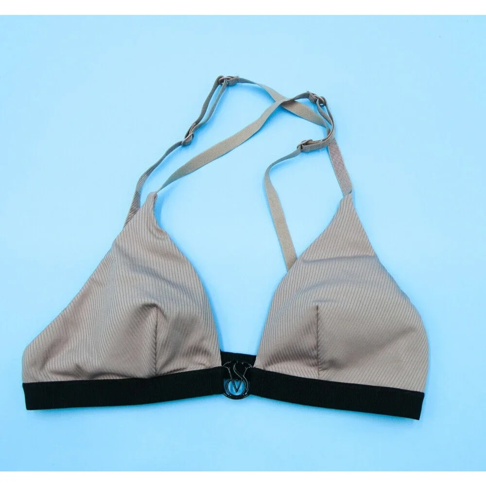 Victorias Secret Small Gray Ribbed Metal Logo Triangle Plunge Bikini Top Swim VS